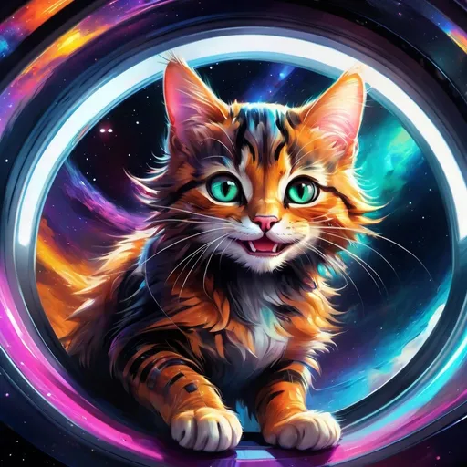 Prompt: Big smiling cat warping at light speed into a black hole inside a spaceship, vibrant digital painting, colorful cosmic background, ultra-detailed fur with vibrant reflections, joyful expression, high-tech spaceship interior, futuristic setting, vivid and energetic, high quality, vibrant digital painting, cosmic, detailed fur, futuristic, joyful expression, energetic, spaceship interior