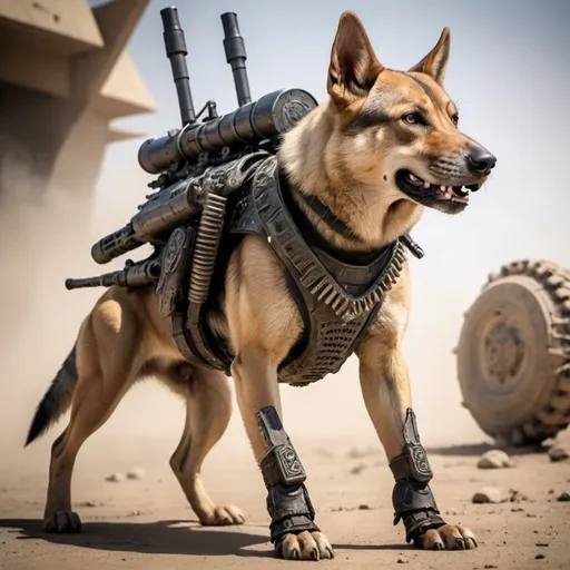 Prompt: warrior dog scared to stand up right like all the other dogs in the mercenary corps in the future when animals are evolved enough to take over the earth, evolved animals, futuristic weaponry, psychedelic, intricate details, war