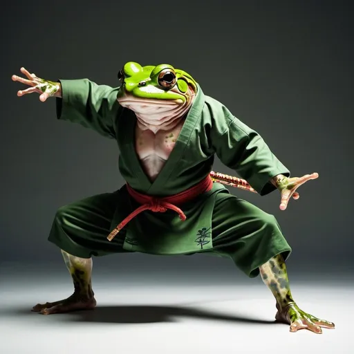 Prompt: Enlightened frog mastering bushido, human masters of warfare, honest and defensive, acrobatic flips, samurai master, detailed amphibian anatomy, traditional Japanese art style, vibrant and lush green tones, dynamic lighting and shadows, detailed martial arts poses and movements, high quality, detailed, samurai, bushido, honest, defensive, acrobatic, vibrant tones, dynamic lighting, martial arts, amphibian anatomy