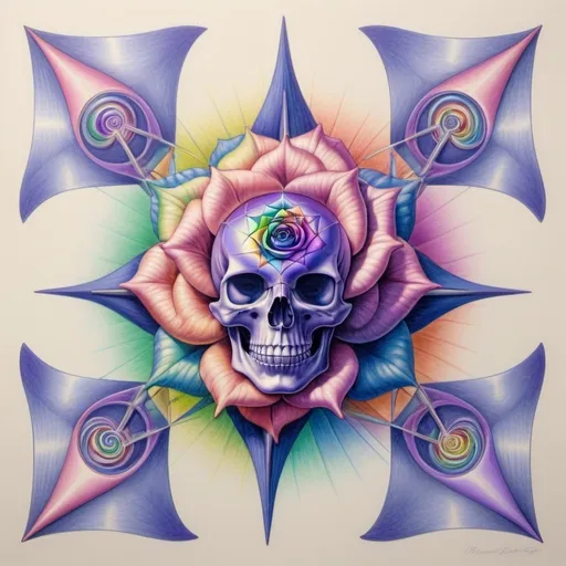 Prompt: metallic rainbow pastel fractals in 2 dimensions drawn to show a series of planes intersecting into a 3d skeleton of a rose with an indigo violet 3rd eye coming out of the top of it, mathematical, balanced colors, psychedelic, scientific, harmony, logical grid, colored pencil drawing