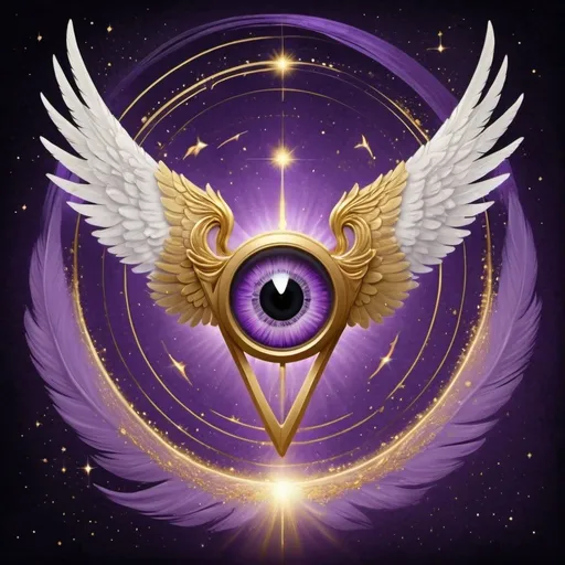 Prompt:  A pair of angelic wings moving in orbit and leaving a violet trail of wings equal to six wings around a golden 3 dimensional triangle with an eye with an iris in the color purple