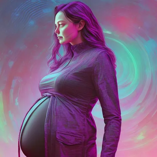 Prompt: Pregnant Elon Musk, digital illustration, Tesla-inspired maternity wear, detailed facial features, futuristic technology, vibrant and energetic, high quality, futuristic, digital art, colorful tones, professional lighting