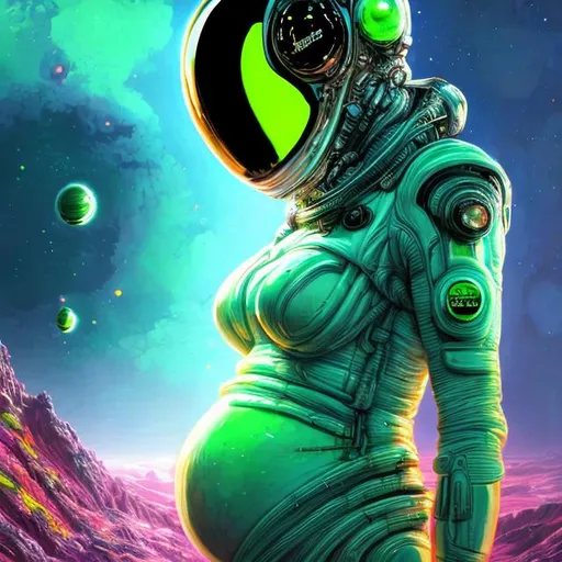 Prompt: Pregnant woman in Mountain Dew-inspired spacesuit, spacewalk, high-tech materials, futuristic setting, vibrant and surreal, neon green tones, cosmic background, detailed suit design, ethereal glow, best quality, highres, ultra-detailed, sci-fi, surreal, futuristic, vibrant neon, detailed design, spacewalk, pregnancy, cosmic background, atmospheric lighting