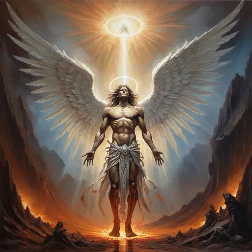 Prompt: God creating angel survival in hellish planescape, oil painting, detailed wings, divine halo, ethereal glow, apocalyptic setting, intense and dramatic, high quality, oil painting, apocalyptic, divine, ethereal, detailed wings, intense lighting