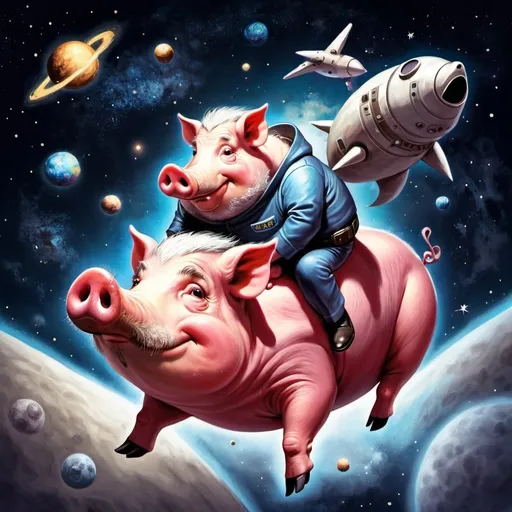 Prompt: a big hog balancing upside down on his ear on the top of an old man flying through outer space