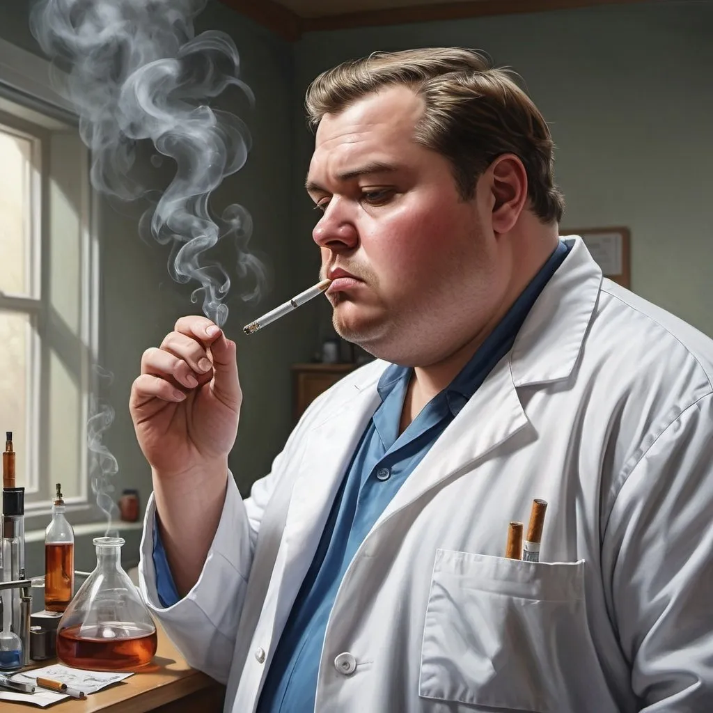 Prompt: Scientist examining overweight men with breathing problems, smoking scientist, lab coat, cigarette smoke, overweight patients, realization, indoor setting, scientific laboratory, detailed facial features, realistic painting, high detail, scientific realism, smoking, overweight, indoor, scientific, detailed facial features, lab coat, realization, cigarette smoke