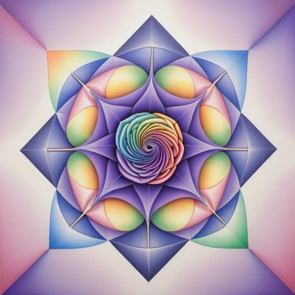 Prompt: metallic rainbow pastel fractals in 2 dimensions drawn to show a series of planes intersecting into a 3d outline of a rose with an indigo violet 3rd eye coming out of the top of it, mathematical, balanced colors, psychedelic, scientific, harmony, logical grid, colored pencil drawing, abstract geometry