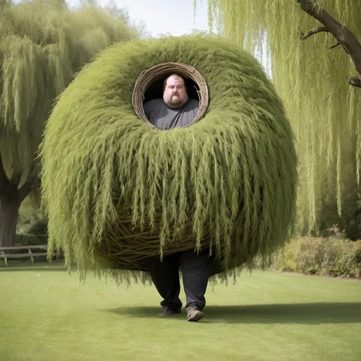 Prompt: A large man dressed like a little willow tree is kind of short, but he can roll on his side around the earth in less than three seconds