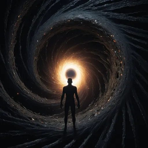 Prompt: Black hole consuming god's being, cosmic material, gravitational distortion, high energy particles, abstract, surreal, intense darkness, ultra-detailed, cosmic horror, dark tones, dynamic lighting, particle disintegration, godlike figure, otherworldly, dramatic composition