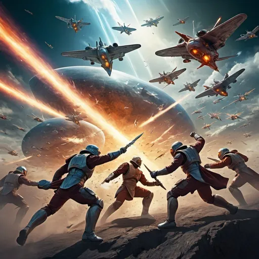 Prompt: 3 groups of men engaged in intense battle on ascended planes, surreal digital art, high-res, detailed, dynamic action, dramatic lighting, futuristic, intense energy, vibrant colors, epic showdown, ethereal atmosphere, professional digital rendering, intense battle, surreal, ascended planes, dynamic composition, dramatic lighting, futuristic, vibrant colors, professional, high-res