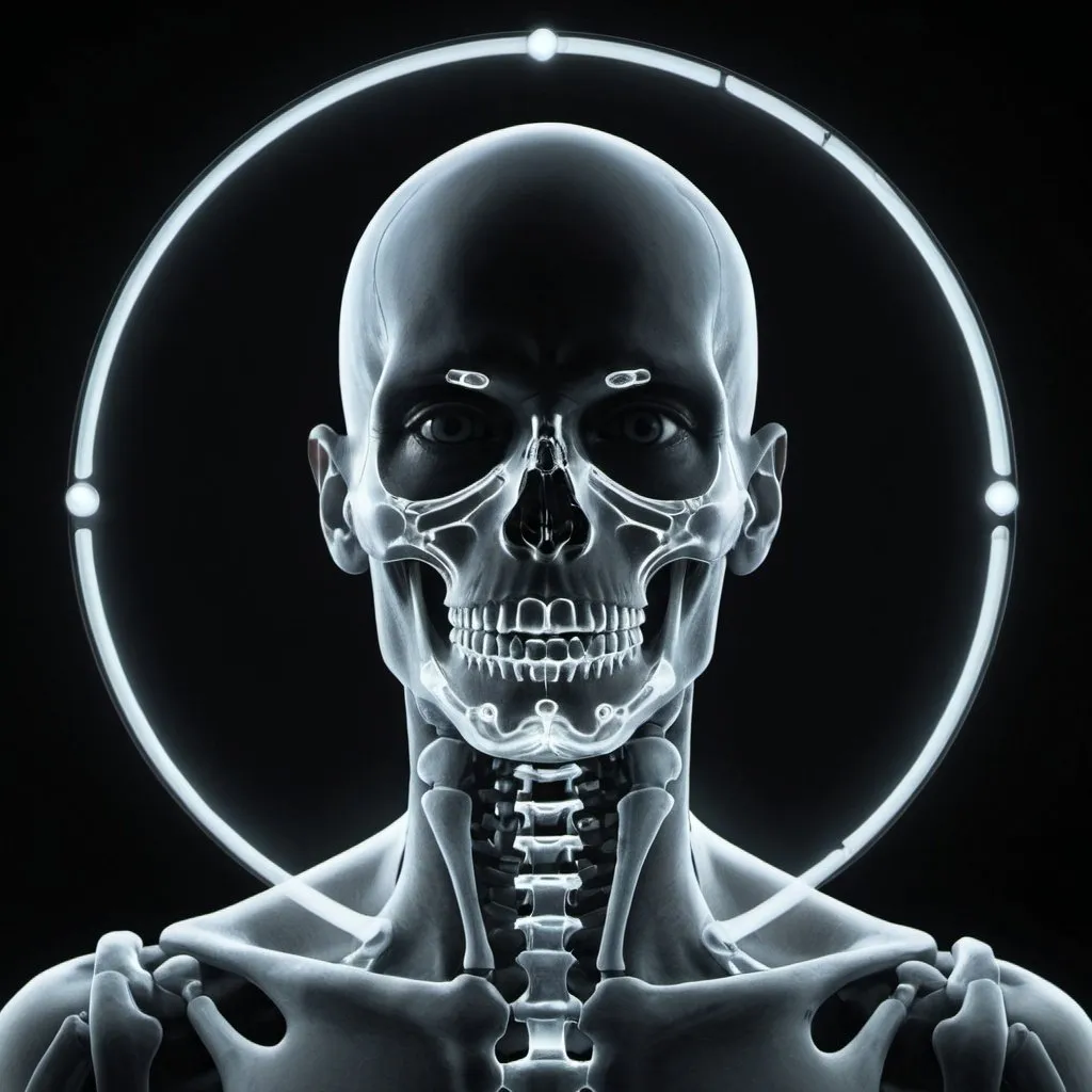 Prompt: two circles around a mans head illuminating the frame of a mans body to show that he has an android skeleton