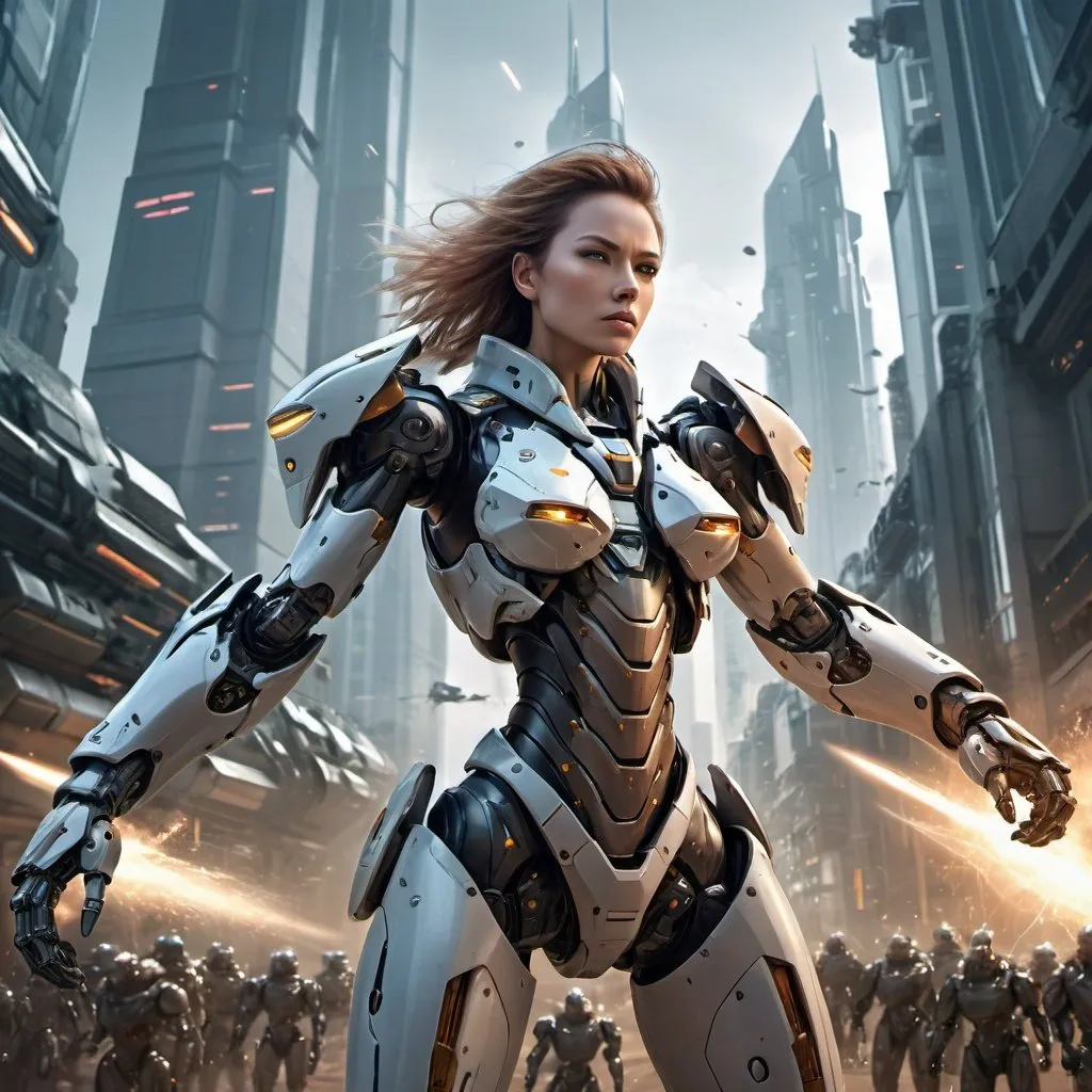 Prompt: Powerful woman commanding biological mecha armor, battling the swarm, managing finances, high-tech bio-engineered armor, intense battle scene, futuristic cityscape, detailed armor design, focused expression, highres, futuristic, intense battle, bio-mecha, financial management, detailed armor, powerful woman, professional, atmospheric lighting