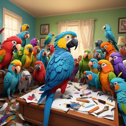 Prompt: Squeamish parrot scolding a group of men, messy bedroom setting, vibrant cartoon style, bright and chaotic colors, exaggerated expressions, detailed feathers and beak, disheveled room, humorous, cartoon, vibrant colors, exaggerated characters, detailed feathers, messy room, chaotic, comedic lighting