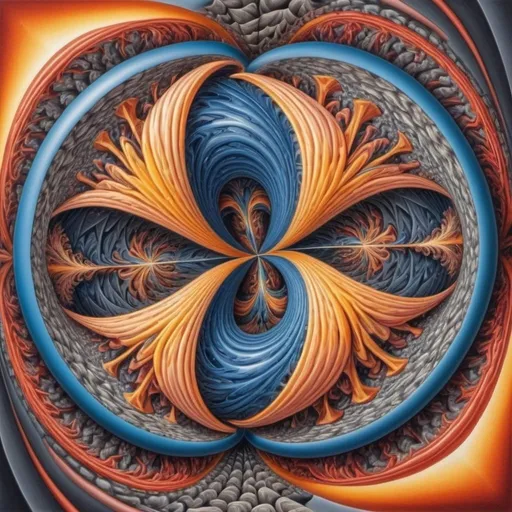Prompt: two toroids in a computer simulation crashing into each other and breaking apart into mirror images of 3 dimensional forms across 2 dimensional planes transformed in a 2 dimensional fractal around the center in a sperical space, colored pencil drawing, high detail, contrasting colors, scientific, mathematical