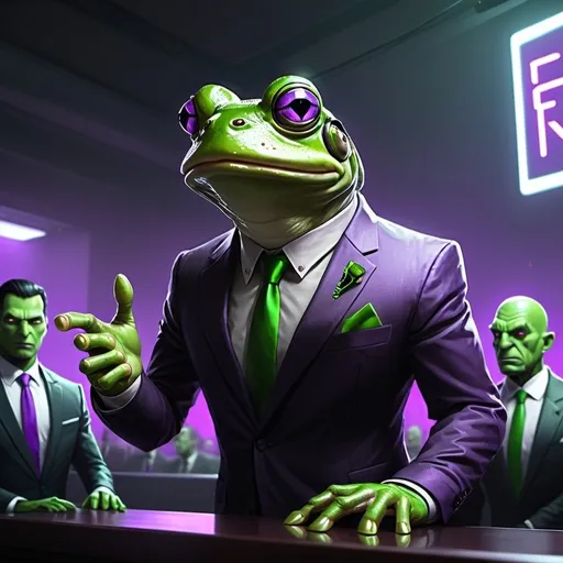 Prompt: Big time corpo frog boss giving a speech, digital art, brainwashed people, ultra-detailed, cyberpunk, futuristic, neon green and purple tones, ominous lighting, hypnotic eyes, sleek design, mind control technology, intense atmosphere