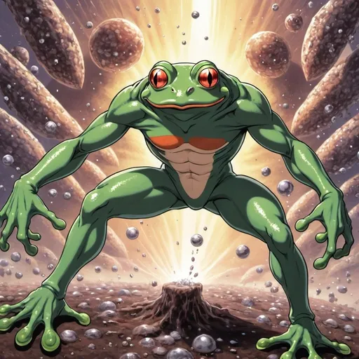 Prompt: big time chrono chros frog man battling through millions of tiny nanites that are infecting its body whenever it touches something