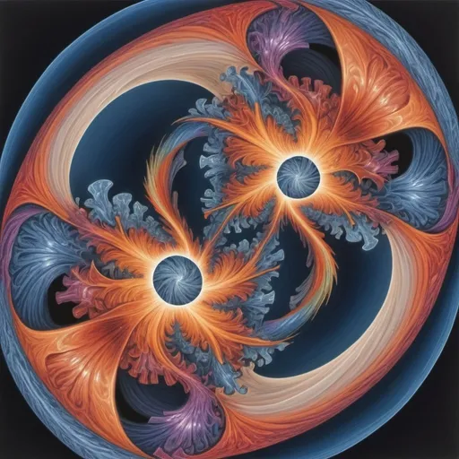 Prompt: two toroids in a computer simulation crashing into each other and breaking apart into mirror images of 3 dimensional forms across 2 dimensional planes transformed in a 2 dimensional fractal around the center in a spherical space, colored pencil drawing, high detail, contrasting colors, scientific, mathematical