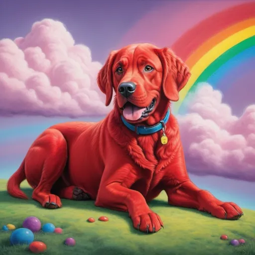 Prompt: clifford the big red dog painted in photorealistic rainbow pastels on a magical background