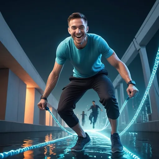 Prompt: Man smiling while doing grueling work, futuristic immortal canal, family jumping rope, happy exterior, intense mental effort, grueling work, futuristic substance, immortal water, family activity, detailed expression, high-tech setting, vibrant color tones, intense lighting, highres, futuristic, detailed facial expressions, immersive, vibrant colors, professional lighting