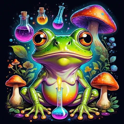 Prompt: Psychedelic illustration of a young frog academic researcher, visually embodying confirmation bias with a logic equation, colorful mushroom potions, scientific and spiritual, high quality, detailed, psychedelic, academic frog, confirmation bias equation, colorful potions, scientific theme, spiritual vibe, vibrant colors, logic equation, detailed illustration, professional, atmospheric lighting