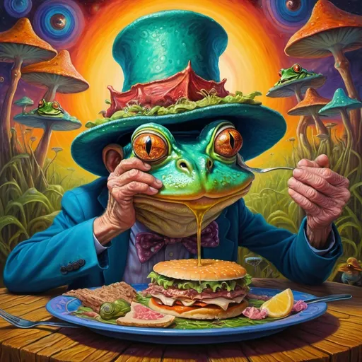 Prompt: Old man eating lunch on a big hat, psychedelic frog underneath, surreal oil painting, vibrant colors, detailed textures, whimsical atmosphere, high quality, surrealism, vibrant colors, detailed textures, surreal oil painting, whimsical, psychedelic frog, old man, detailed, highres, atmospheric lighting