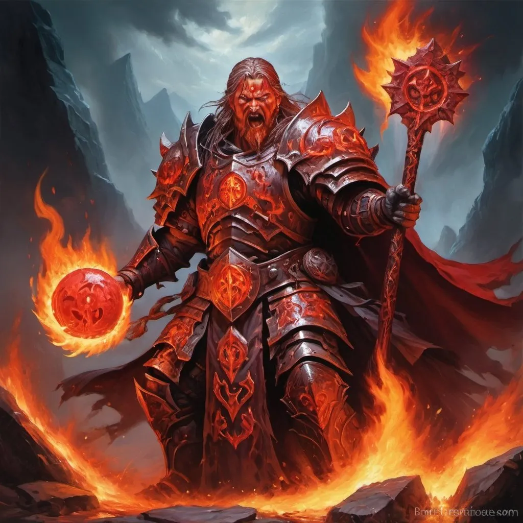 Prompt: Blood Rage Mage Rager, carrying sacred paladin trophy, dark fantasy, intense and fiery, high quality, oil painting, detailed armor, glowing runes, ominous atmosphere, dynamic lighting, fiery colors, fierce expression, mystical, powerful, epic