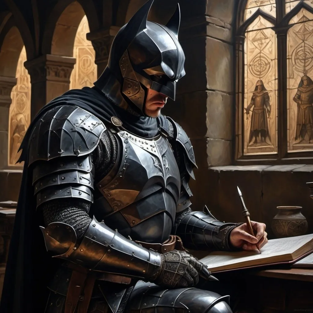 Prompt: Dark knight studying geometric forms, detailed armor and weaponry, ancient training grounds, high quality, medieval fantasy, detailed shadows, intense and focused gaze, atmospheric lighting, mysterious and dramatic, oil painting, dark tones, intricate details, professional, ancient geometry, powerful presence, historic setting