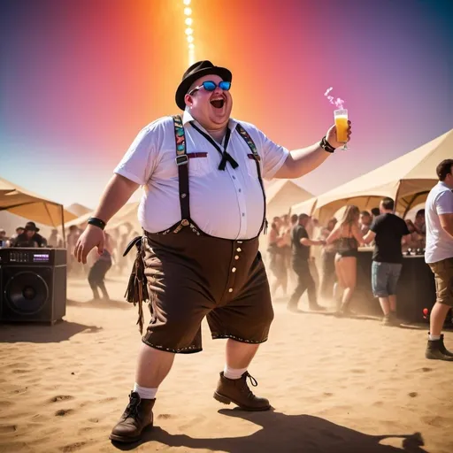 Prompt: Tall, chubby man in lederhosen dancing with DJ in a desert, overnight drinking party, heavyset, comical, electronic music, deadmau5, Skrillex, desert scene, vibrant colors, exaggerated features, humorous, music festival, surreal lighting