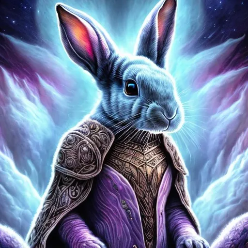 Prompt: Psionic rabbit with powerful natural armor on the astral plane, detailed fur with mystical patterns, vibrant and ethereal colors, highres, ultra-detailed, surreal, mystical, astral plane, detailed armor, psionic, vibrant colors, ethereal lighting