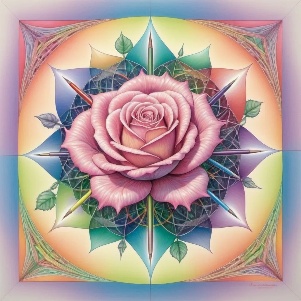 Prompt: metallic rainbow pastel fractals in 2 dimensions drawn to show a series of planes intersecting into a 3d skeleton of a rose, mathematical, balanced colors, psychedelic, scientific, harmony, logical grid, colored pencil drawing