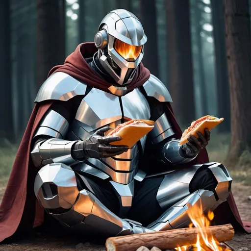 Prompt: chemical geometry coming out of the body of a human being in light armor with a cape, he is eating a sandwich while sitting at a campfire, the geometry coming out of his body transform into text in a language with a futuristic font