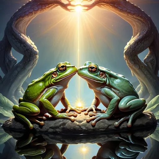 Prompt: two frogs uniting with an elder dragon in the creation of the light at the dawn of consciousness