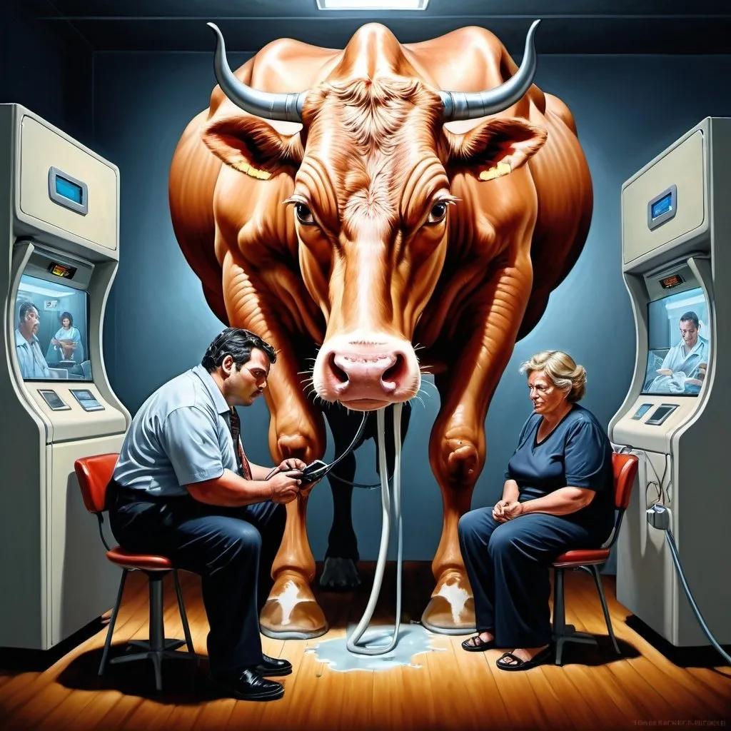 Prompt: Large man wide around ankles milking his mother through a high tech milking machine who is on the phone hiring a lawyer to make more money, realistic painting, detailed features, intense expressions, dramatic lighting, high quality, detailed, drama, psychedelic
, emotional, realistic painting, dramatic lighting