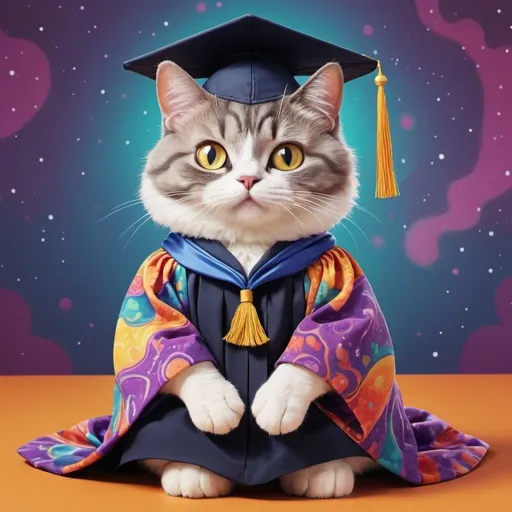Prompt: a cartoon cat wearing a graduation gown with psychedelic patterns all over it 