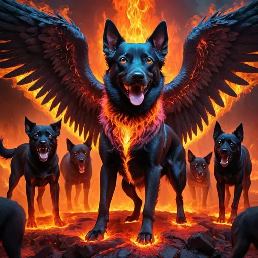 Prompt: 10 colorful dogs summoning angels in hell, dark and fiery atmosphere, demonic landscape, detailed fur and features, highres, dark fantasy, vibrant colors, fiery lighting, summoning ritual, otherworldly, hellish, detailed eyes, supernatural, infernal, intense atmosphere