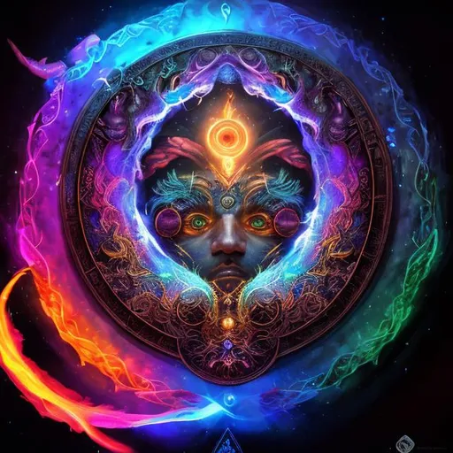 Prompt: Photorealistic mage's study, human sage, indigo astral being, rainbow flames, communicating through portal, lawful neutral, detailed facial features, intricate magical symbols, high quality, photorealistic, vibrant colors, intricate details, mystical, atmospheric lighting, astral being, sage, detailed study, vibrant rainbow flames, ancient, communicating, portal