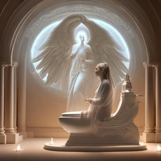 Prompt: Photorealistic digital painting of an attractive woman teaching transcendental geometry from an angelic toilet, ethereal lighting, detailed facial features, celestial setting, high-quality, photorealistic, ethereal, detailed geometry lesson, angelic ambiance