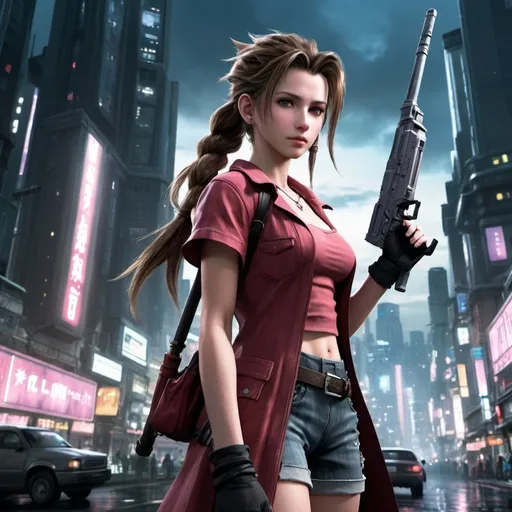 Prompt: aerith from final fantasy exploring a megacity with her weapon drawn, futuristic scenery, advance weaponry, dark presence in the city, video game artwork, high detail, 