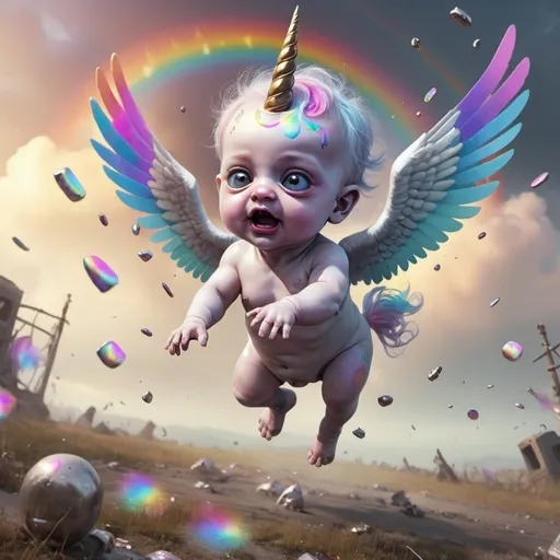 Prompt: undead baby flying through a battlefield with rainbow unicorn holograms everywhere