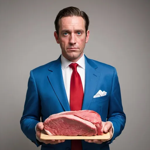 Prompt: a man in a blue suit with a red tie holding a juicy veiny beef frank in front of his center of gravity