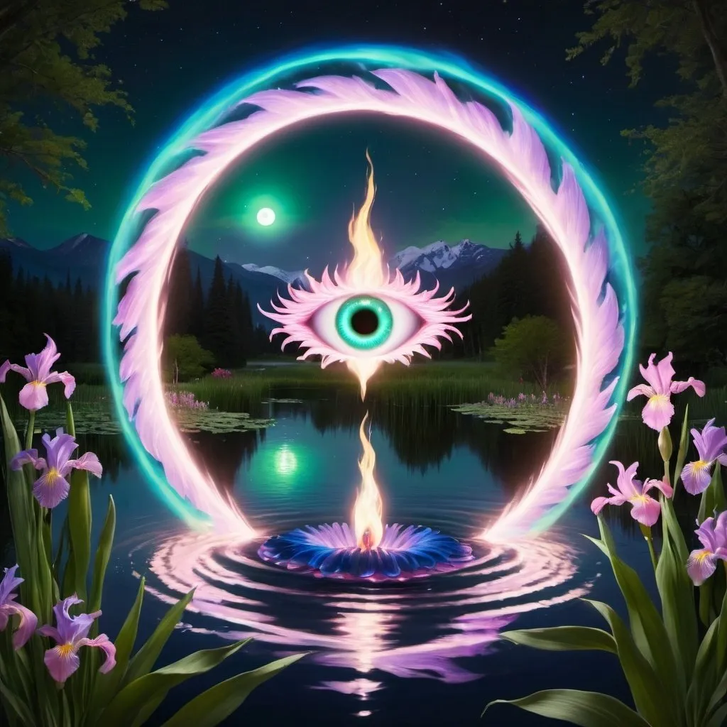 Prompt: A toroid with a blue colored flame in the center, the toroid has a face with eyes with pink irises, the other face has green irises staring in the opposite direction, the toroid has a white border, the toroid is floating above a pond in a paradise, the sky is illuminated by the moon at night time