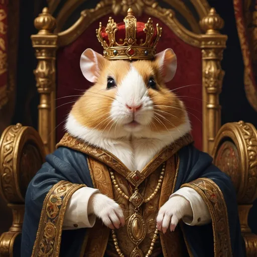 Prompt: Regal, loyal, liege lord hamster, ancient sacred teachings, common man, grandiose depiction, high-res, detailed fur, regal attire, historical art style, warm and golden tones, majestic lighting, loyal expression, intricate tapestries, ornate surroundings
