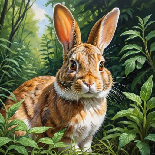 Prompt: Adventurous hybrid rabbit-cat exploring the wilderness, oil painting, lush greenery, detailed fur with natural patterns, intense and curious gaze, high-quality, realistic, vibrant colors, natural lighting, rabbit-cat hybrid, oil painting, lush greenery, detailed fur, adventurous, curious gaze, realistic, vibrant colors, natural lighting