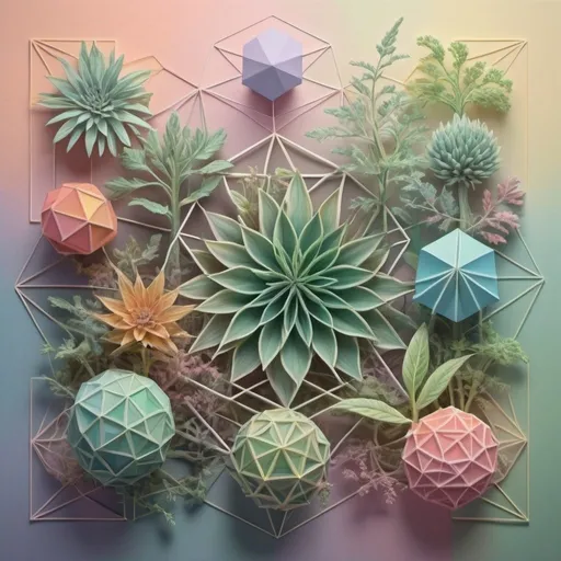 Prompt:  2d pastel of geometric outlines of polygons being organized to create shapes of plants, 3d imagery, psychedelic, fundamental shapes of nature