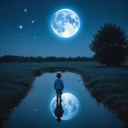 Prompt: a small person in a blue overlay looking at reflections of the sky in the moonlight, beauty in nature, sadness in life, healing, self expression in genetics in different genus