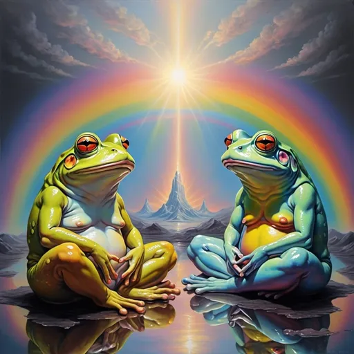 Prompt: civilized frogs in a fractalized existence meditating on enlightenment in the void, psychedelic artwork, pastels, metallic rainbows in dull light, oil painting, godlike creature, intellectual advancement