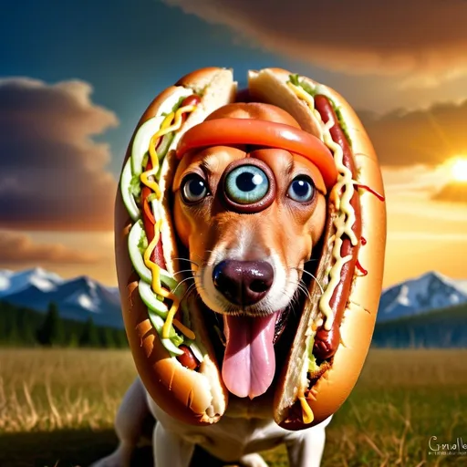 Prompt: Hot dog with eyes educating children, surreal art, spiritual elements, nature setting, detailed features, vibrant colors, surreal, high quality, spiritual, whimsical, detailed eyes, nature, educational, vibrant tones, surreal lighting