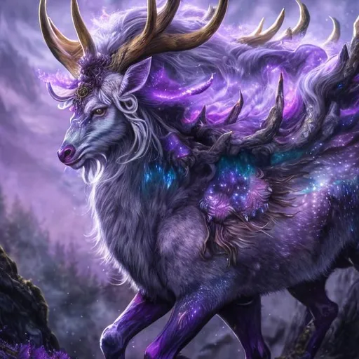 Prompt: Japanese kirin defending dying deer with violet astral overlay, mythical creature, detailed fur and scales, ethereal atmosphere, highres, fantasy, mystical, protective stance, astral overlay, detailed eyes, vibrant purple, serene lighting