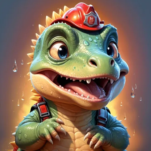 Prompt: Anthropomorphic baby dinosaur crying tears of joy, loving big boy fireman mother, high quality, detailed illustration, warm and comforting, heartwarming, fantasy, vibrant colors, emotional lighting, detailed scales and fur, loving gaze, tender moment, whimsical, emotional, joyous, supportive, comforting, vibrant colors, heartwarming lighting