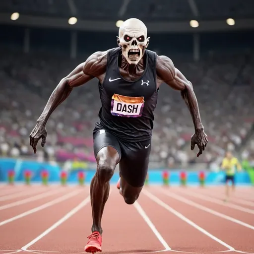Prompt: an undead man running the hundred meter dash in the olympics 2020